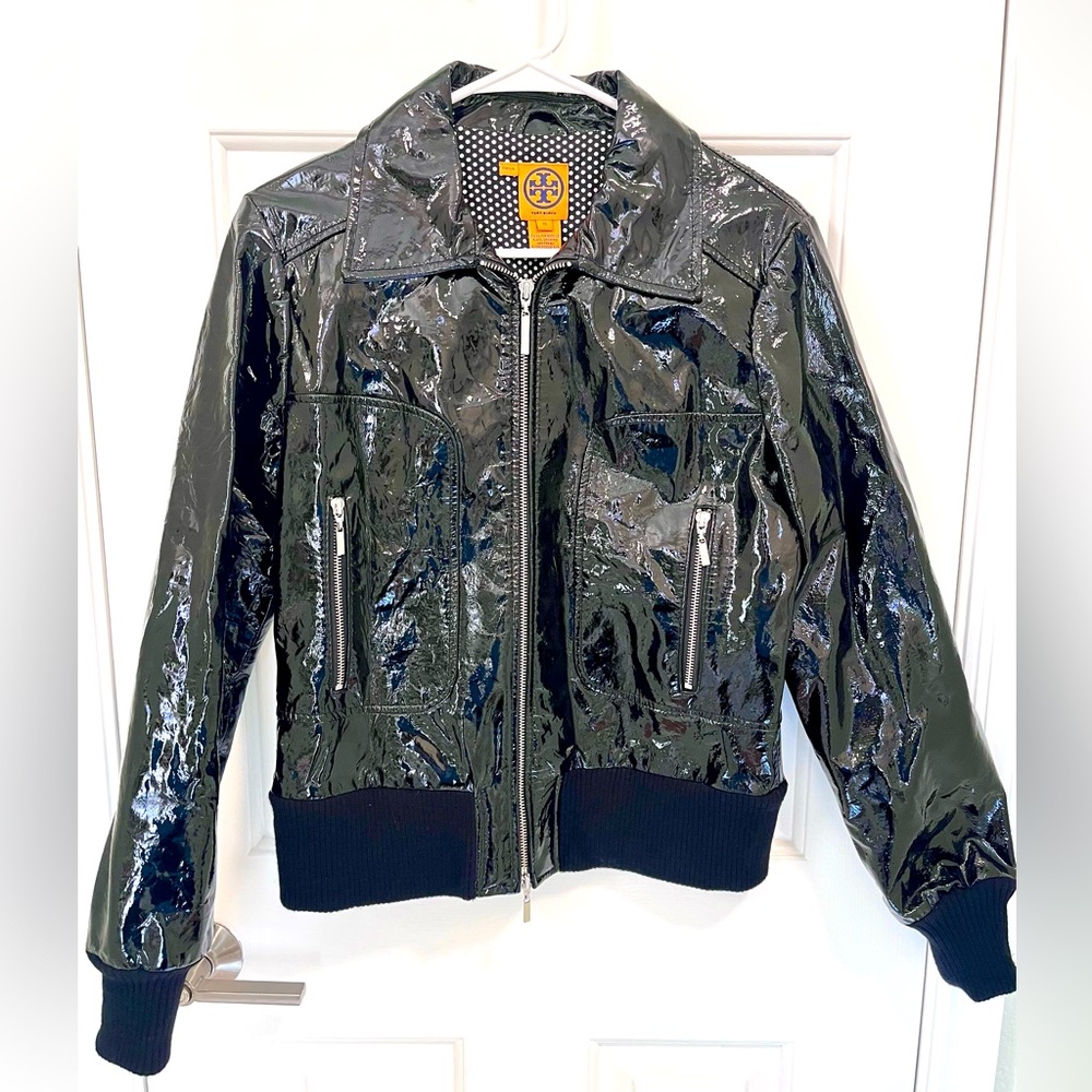 Tory Burch Patent Leather Black Bomber Jacket